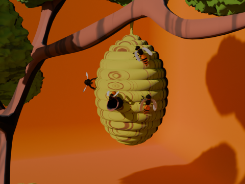 Tree with Bee hive honey on Grass 3D Модель