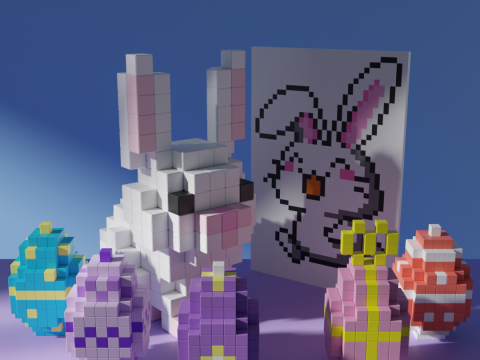 Easter Bunny with Colorful Eggs Voxel Stylized Cubic 3D 模型