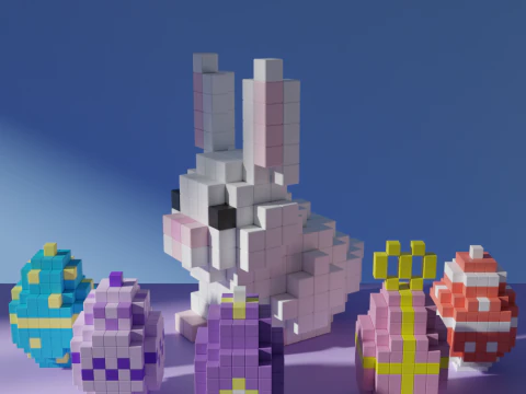 Lapin de P&acirc;ques avec des &oelig;ufs color&eacute;s Voxel cubique stylis&eacute; Modèle 3D