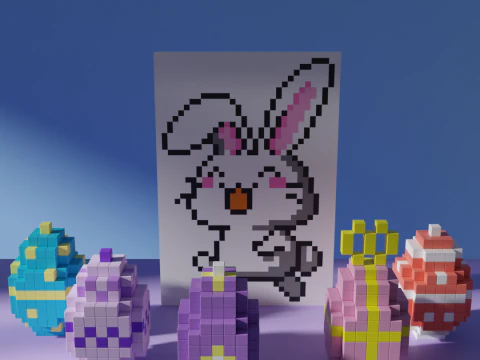 Lapin de P&acirc;ques avec des &oelig;ufs color&eacute;s Voxel cubique stylis&eacute; Modèle 3D