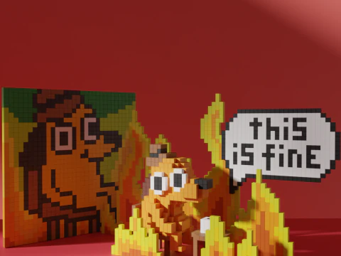 This is Fine Dog Meme Воксельный стилизованный куб 3D Модель