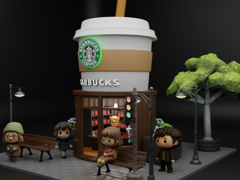 Starbucks Miniature Coffee Shop Diorama Scene 3D Model