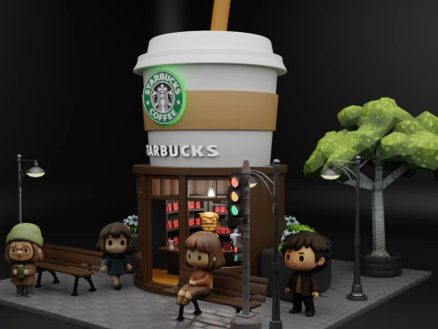 Diorama-sc&egrave;ne van Starbucks miniatuur koffiehuis 3D Model