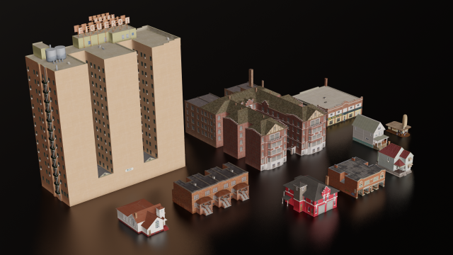10 IN 1 BUILDINGS LOW POLY GAME READY 3D 모델 .c4d .max .obj .3ds .fbx .stl .blend 