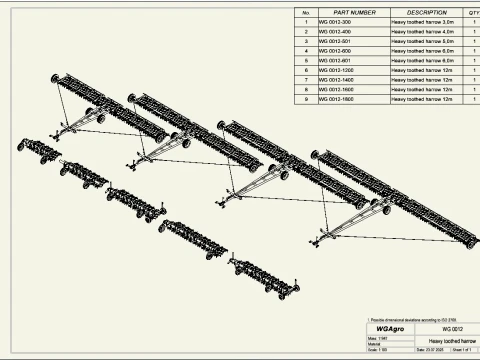 WG 0012 - Complete range of 5 mounted heavy toothed harrow 3D Model