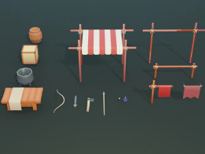 medieval merchant textured low-poly game ready assets pack 3D Model