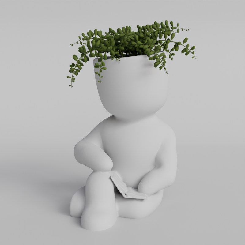 Cute Sitting Character Planter with Book - 3D Printable STL File for Succulents and Small Plants - A 3D 프린트 모델 .c4d .max .obj .3ds .fbx .stl .blend 