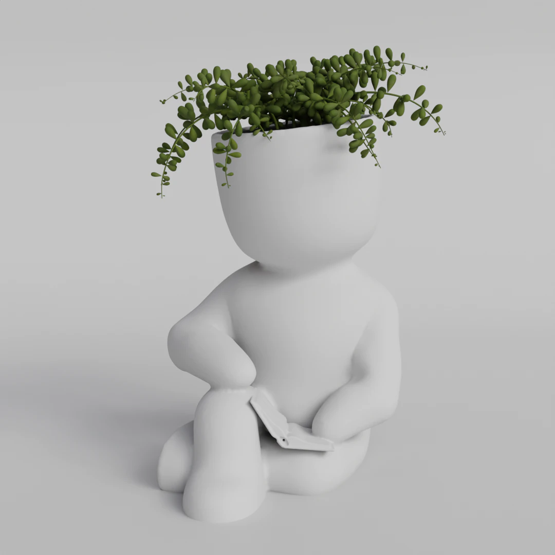 Cute Sitting Character Planter with Book - 3D Printable STL File for Succulents and Small Plants - A 3D Print Model .c4d .max .obj .3ds .fbx .stl .blend 