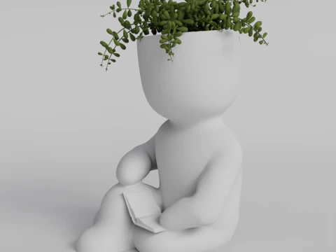 Cute Sitting Character Planter with Book - 3D Printable STL File for Succulents and Small Plants - A 3D Print Model
