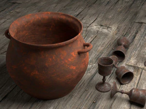 caldeira de ferro fundido e taças de metal Modelo 3D