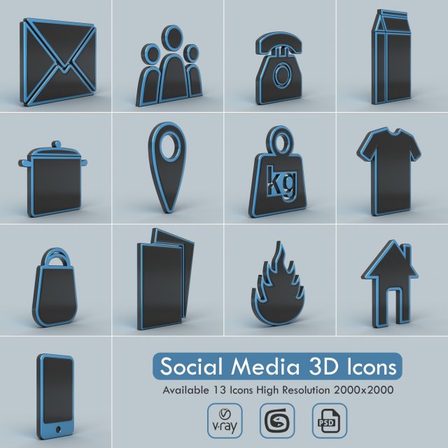 social media icons 3D Model .c4d .max .obj .3ds .fbx .stl .blend 