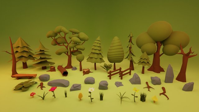low poly environment forest trees stones 3D 模型 .c4d .max .obj .3ds .fbx .stl .blend 