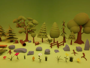 d&uuml;ş&uuml;k poli &ccedil;evre orman ağa&ccedil;ları taşlar 3D Model