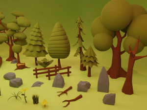 low poly environment forest trees stones 3D Model