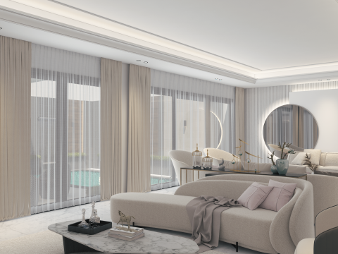 Elegant Harmony A Luxurious Womens Salon with Poolside Dining Modelo 3D
