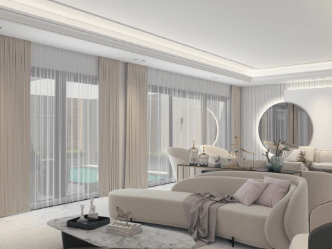 Armonia elegante Un lussuoso salone per donne con sala da pranzo a bordo piscina Modello 3D