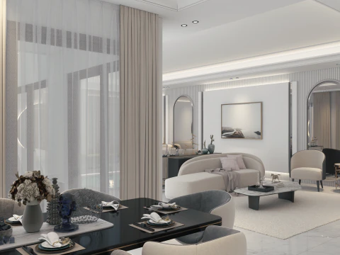 Armonia elegante Un lussuoso salone per donne con sala da pranzo a bordo piscina Modello 3D