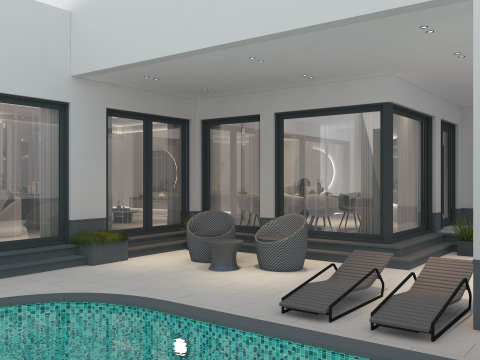 Elegant Harmony A Luxurious Womens Salon with Poolside Dining Modelo 3D