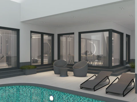 Armonia elegante Un lussuoso salone per donne con sala da pranzo a bordo piscina Modello 3D