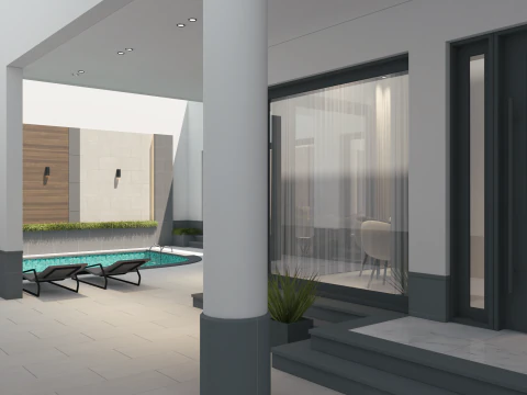 Armonia elegante Un lussuoso salone per donne con sala da pranzo a bordo piscina Modello 3D