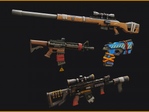 Stylized PBR 4 sniper Pack Series 3D Model