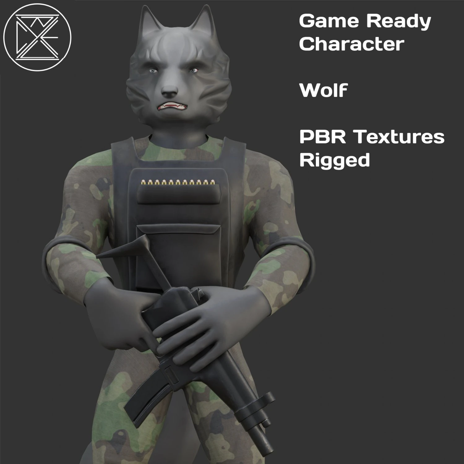 Character Military Wolf with SMG 3D Model .c4d .max .obj .3ds .fbx .stl .blend 