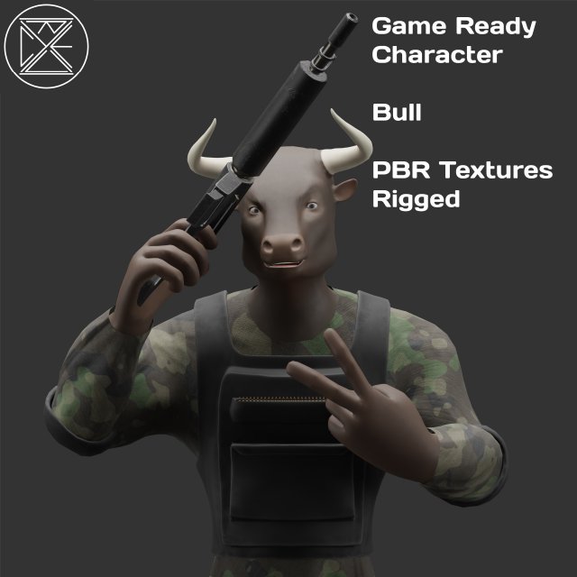 Character Military Bull with Rifle 3D Model .c4d .max .obj .3ds .fbx .stl .blend 