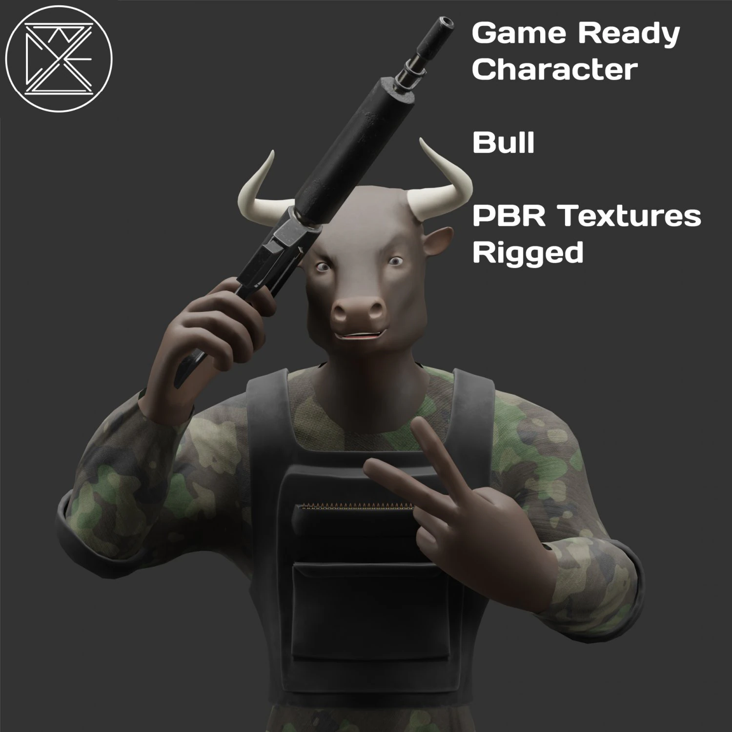 Персонаж військового бика з гвинтівкою 3D Модель .c4d .max .obj .3ds .fbx .stl .blend 