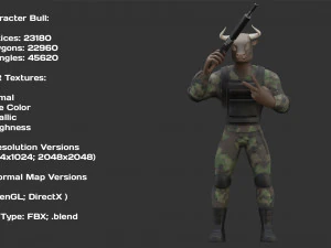 Персонаж військового бика з гвинтівкою 3D Модель