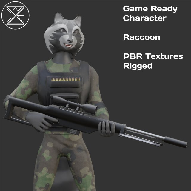 Character Military Raccoon with Sniper Rifle Modello 3D .c4d .max .obj .3ds .fbx .stl .blend 