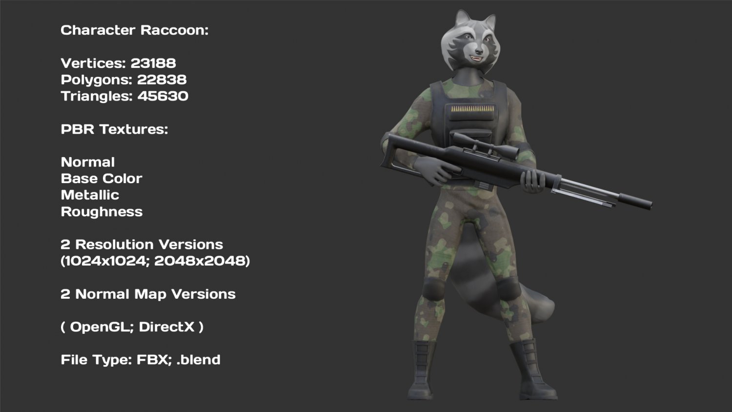 Character Military Raccoon With Sniper Rifle Modelo 3D In Cartoon.