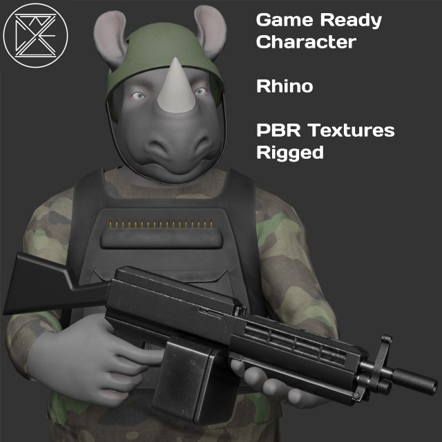 Character Military Rhino with LMG 3D 모델 .c4d .max .obj .3ds .fbx .stl .blend 