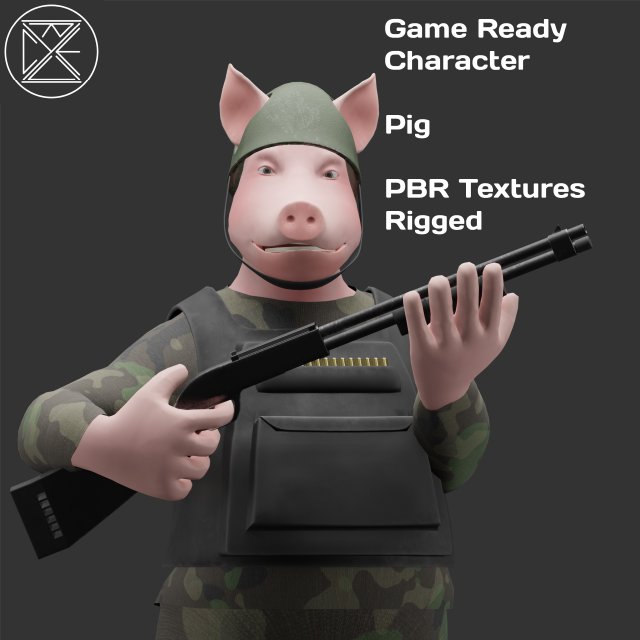 Character Military Pig with Shotgun Model 3D .c4d .max .obj .3ds .fbx .stl .blend 
