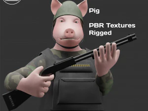 Персонаж-военная свинья с дробовиком 3D Модель