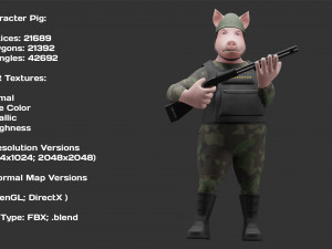 Character Military Pig with Shotgun Model 3D