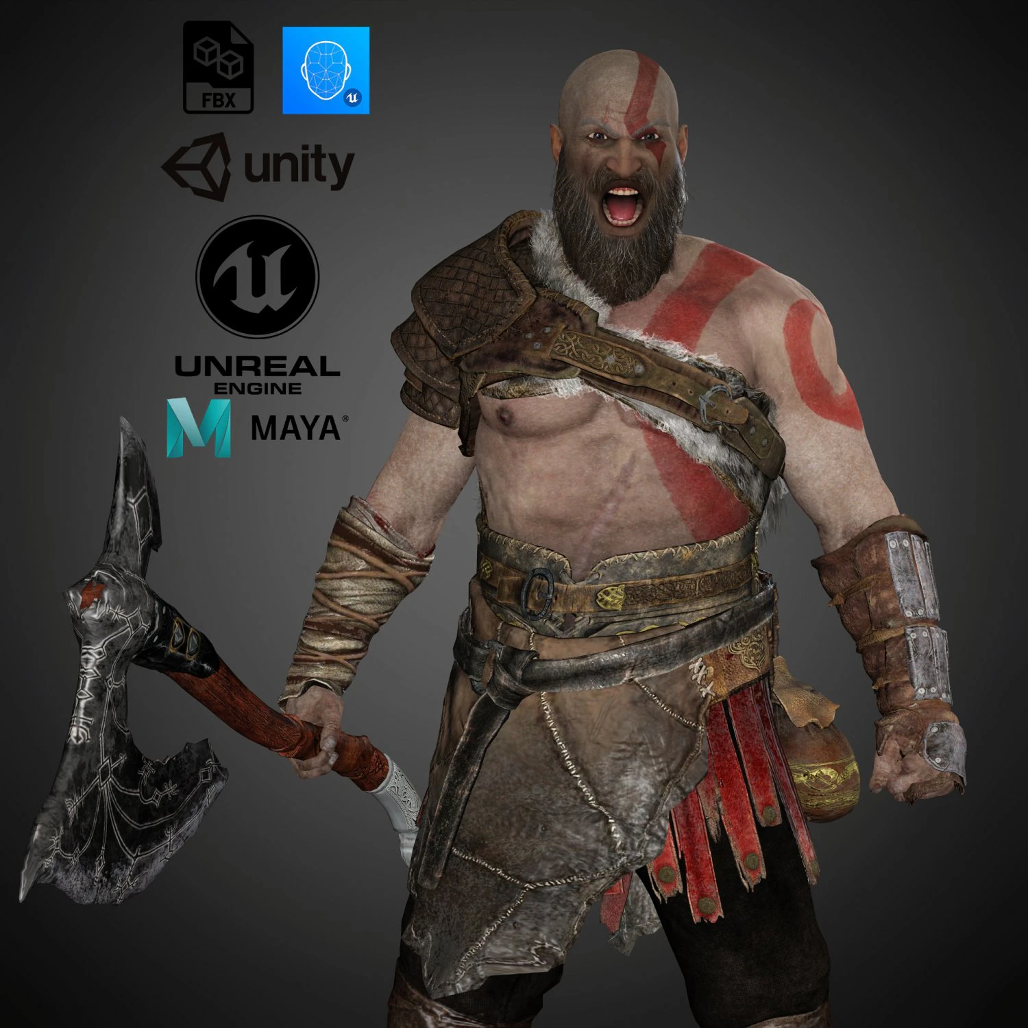 god of war kratos 3D Model .c4d .max .obj .3ds .fbx .stl .blend 