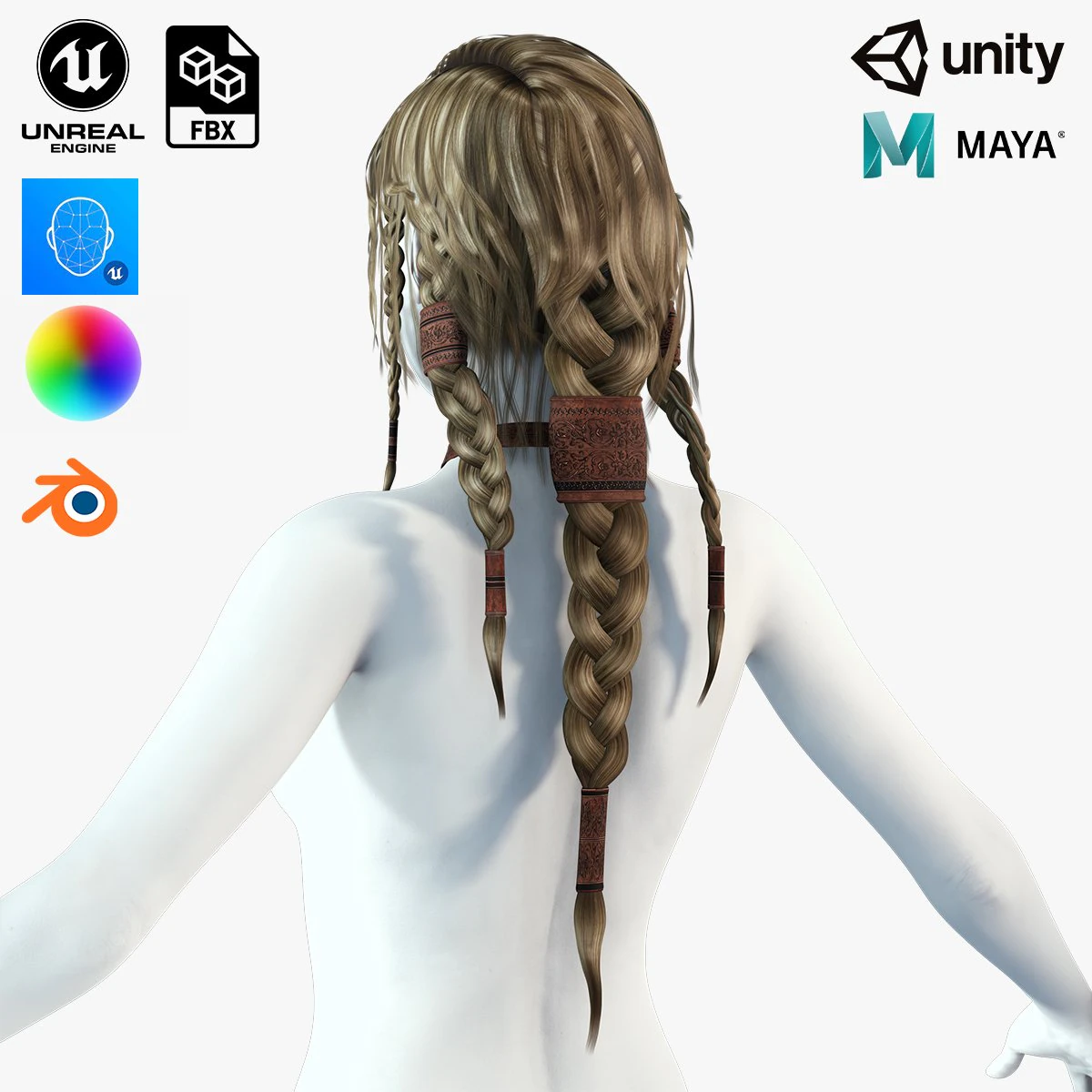 Realtime hair princess braid Long free 3D Model .c4d .max .obj .3ds .fbx .stl .blend 