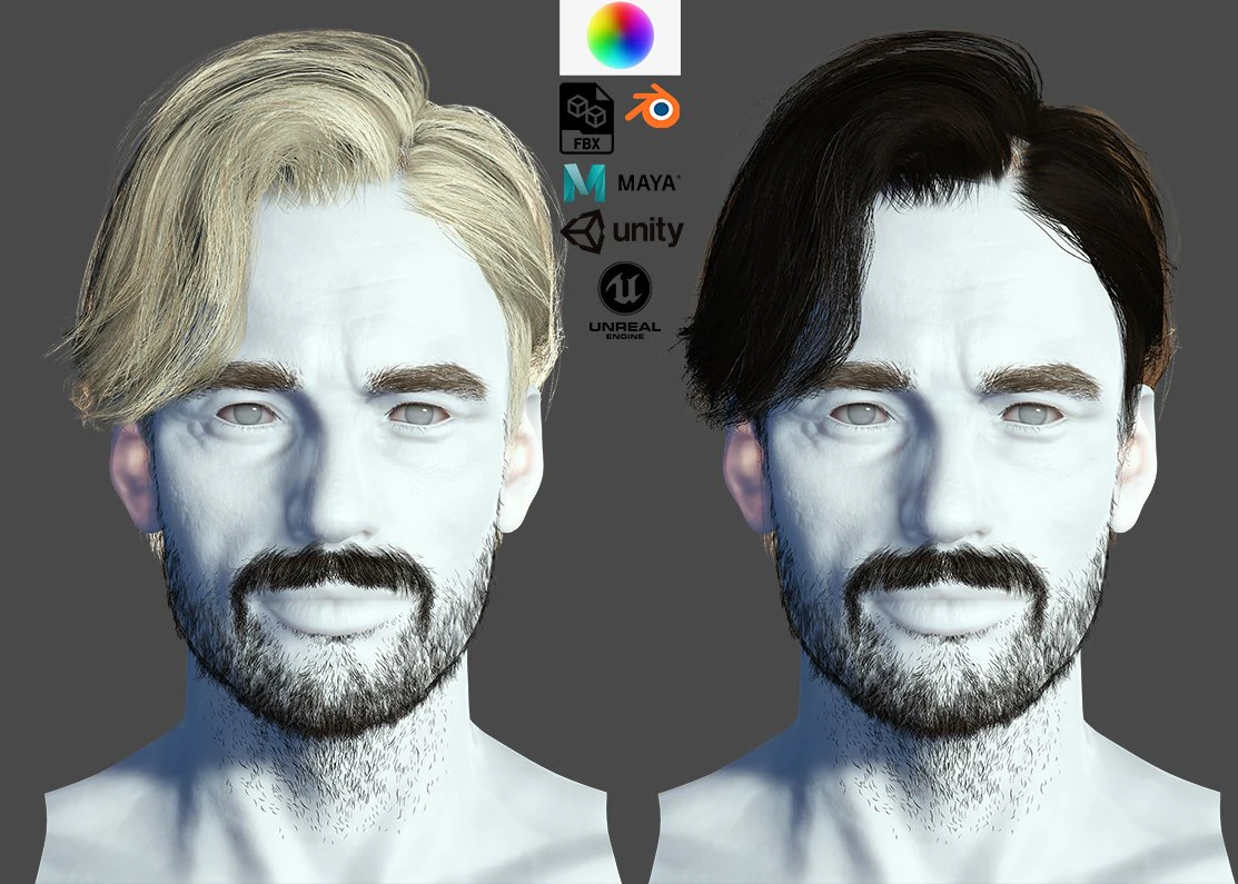 Realtime hair man Polygone Hairstyle 3D Model .c4d .max .obj .3ds .fbx .stl .blend