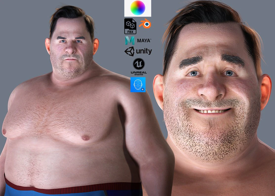 Fat Man naked and clothed 3D Model .c4d .max .obj .3ds .fbx .stl .blend 