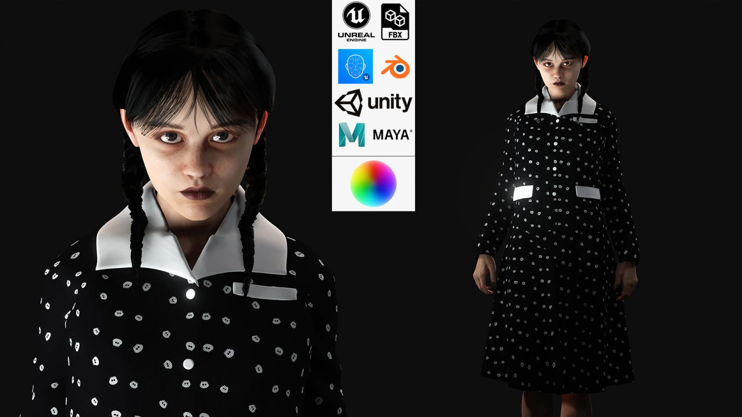 Wednesday Jenna Ortega Woman Low-poly 3D Model .c4d .max .obj .3ds .fbx .stl .blend 