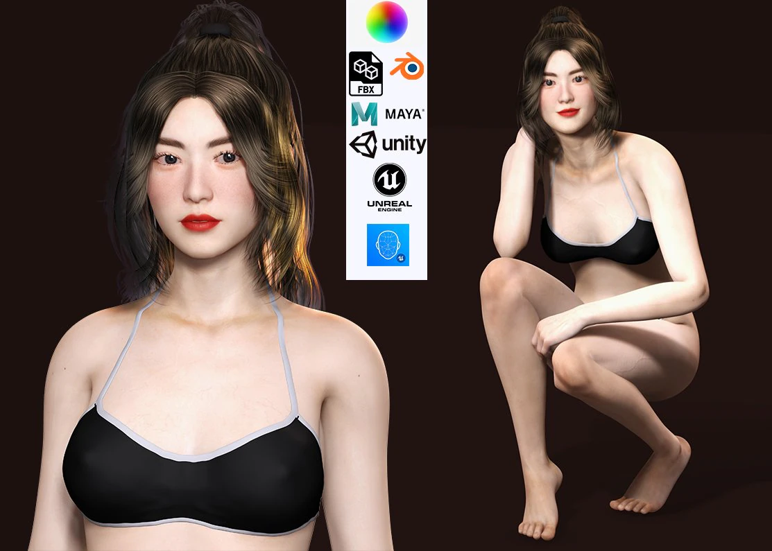 Japanese Girl Game Ready Low-poly 3D Model .c4d .max .obj .3ds .fbx .stl .blend 