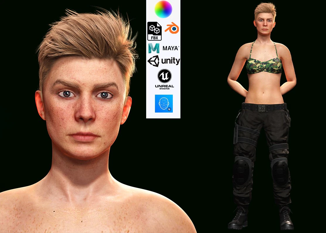 Realistic Military Girl Ready 4K Low-poly free 3D Model .c4d .max .obj .3ds .fbx .stl .blend 