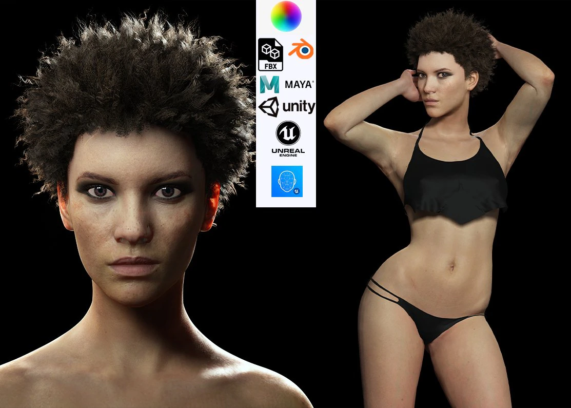 Realistic African Woman afro Low-poly 3D Model .c4d .max .obj .3ds .fbx .stl .blend 