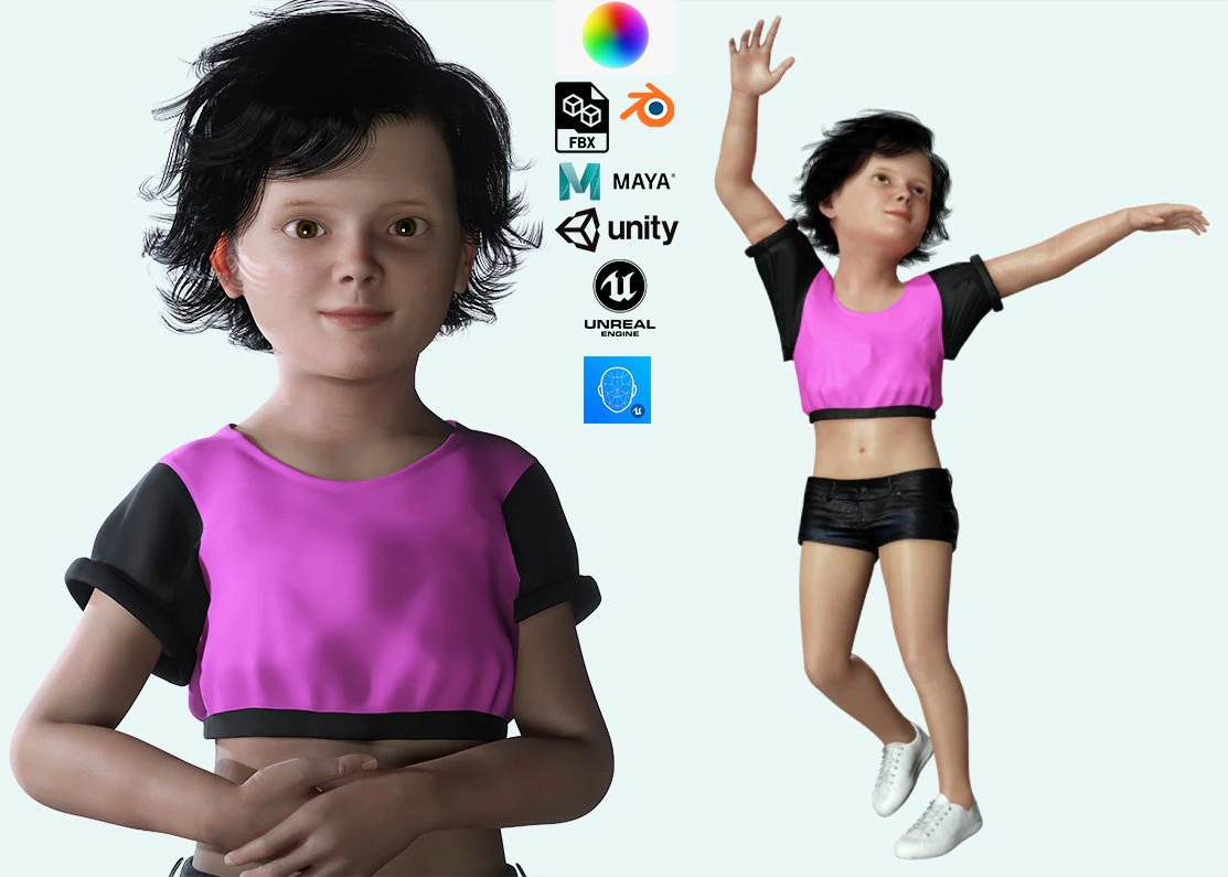 Realistic Girl child Low-poly 3D Model .c4d .max .obj .3ds .fbx .stl .blend 