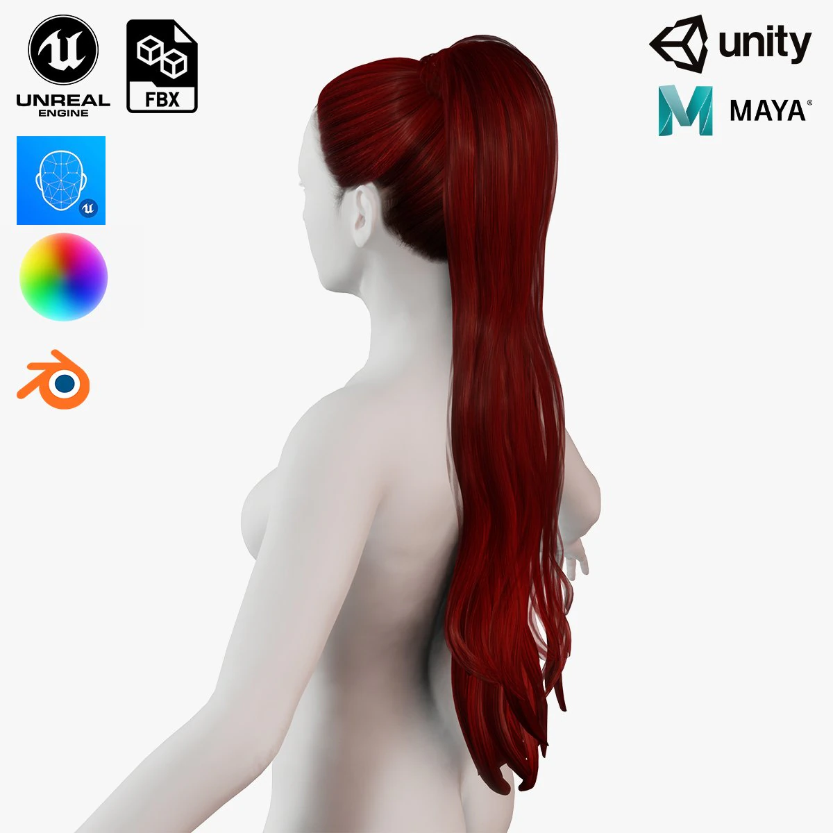 Realistic Female long hair colorable Low-poly 3D Model .c4d .max .obj .3ds .fbx .stl .blend
