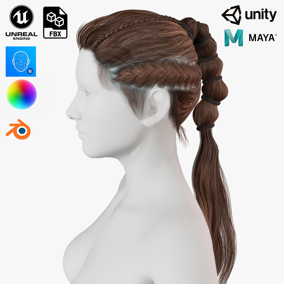 Realistic Hair Braid Viking Realtime Low-poly 3D Model .c4d .max .obj .3ds .fbx .stl .blend 