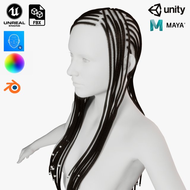 Realistic Braid Hair Rasta Low-poly Model 3D .c4d .max .obj .3ds .fbx .stl .blend 