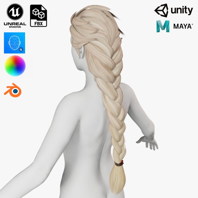 Realtime hair princess braid Long Low-poly 3D Model .c4d .max .obj .3ds .fbx .stl .blend