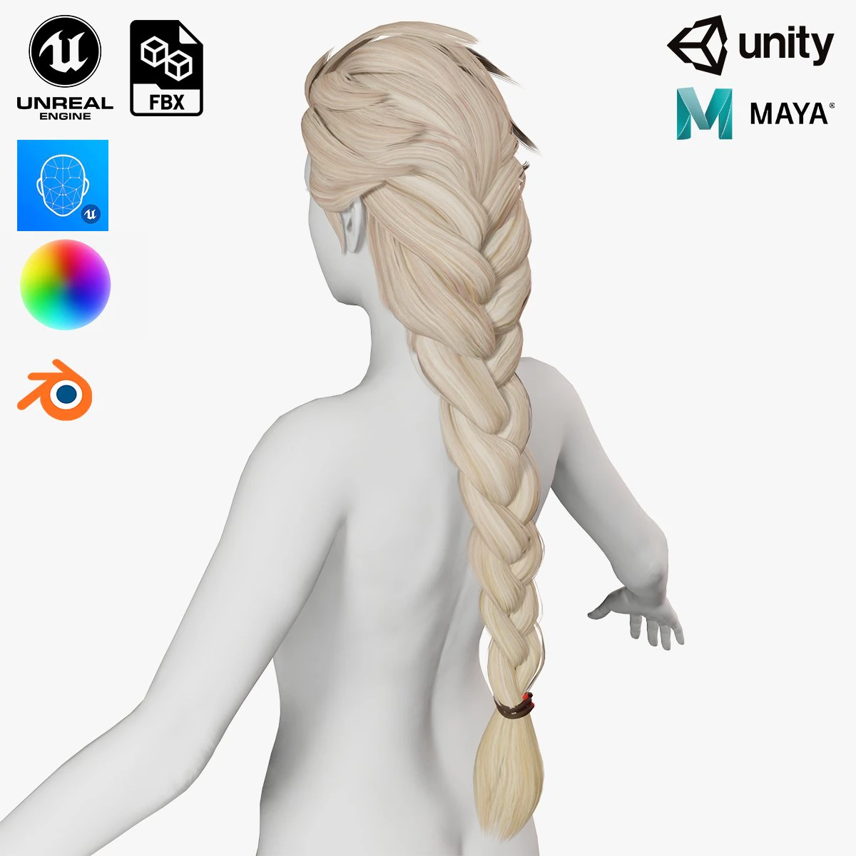 Realtime hair princess braid Long Low-poly 3D Model .c4d .max .obj .3ds .fbx .stl .blend 