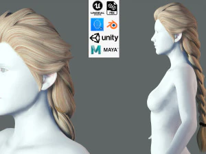 Realtime hair princess braid Long Low-poly 3D Model